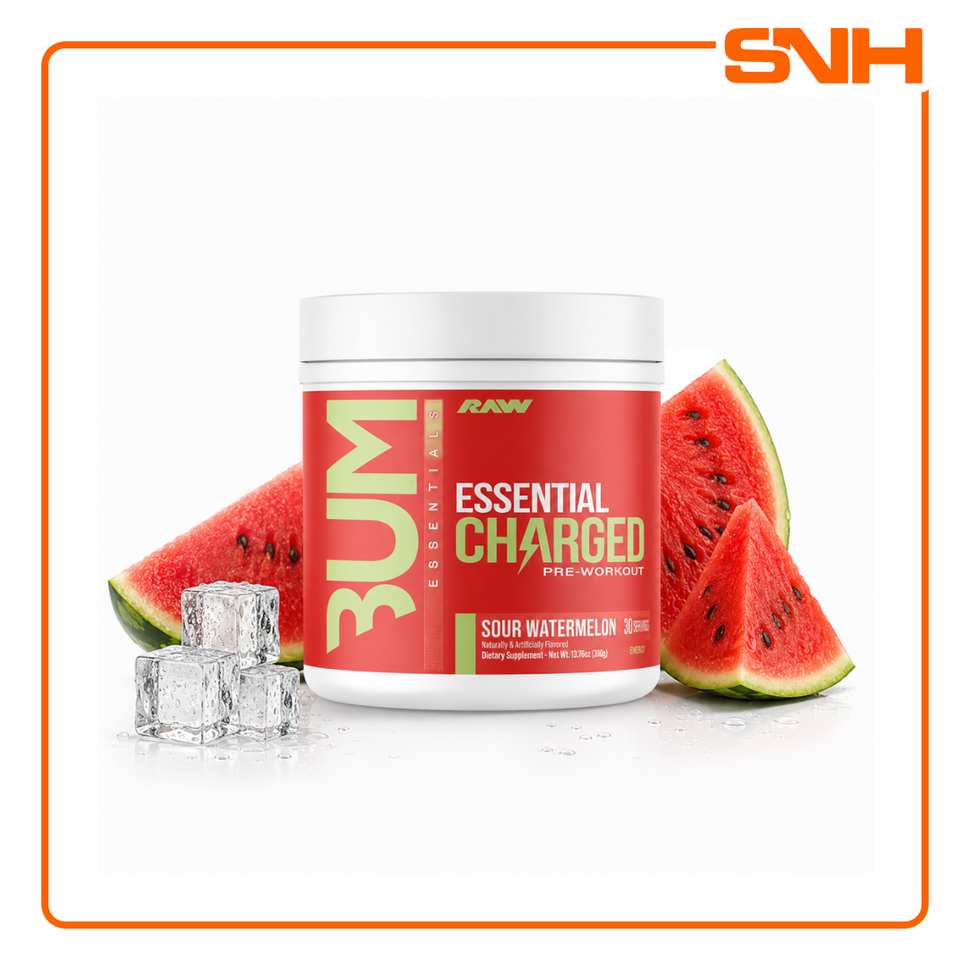 RAW Nutrition Essential Charged Pre-Workout tub, US-made high-stim pre-workout with 6g L-Citrulline and 350mg caffeine per scoop