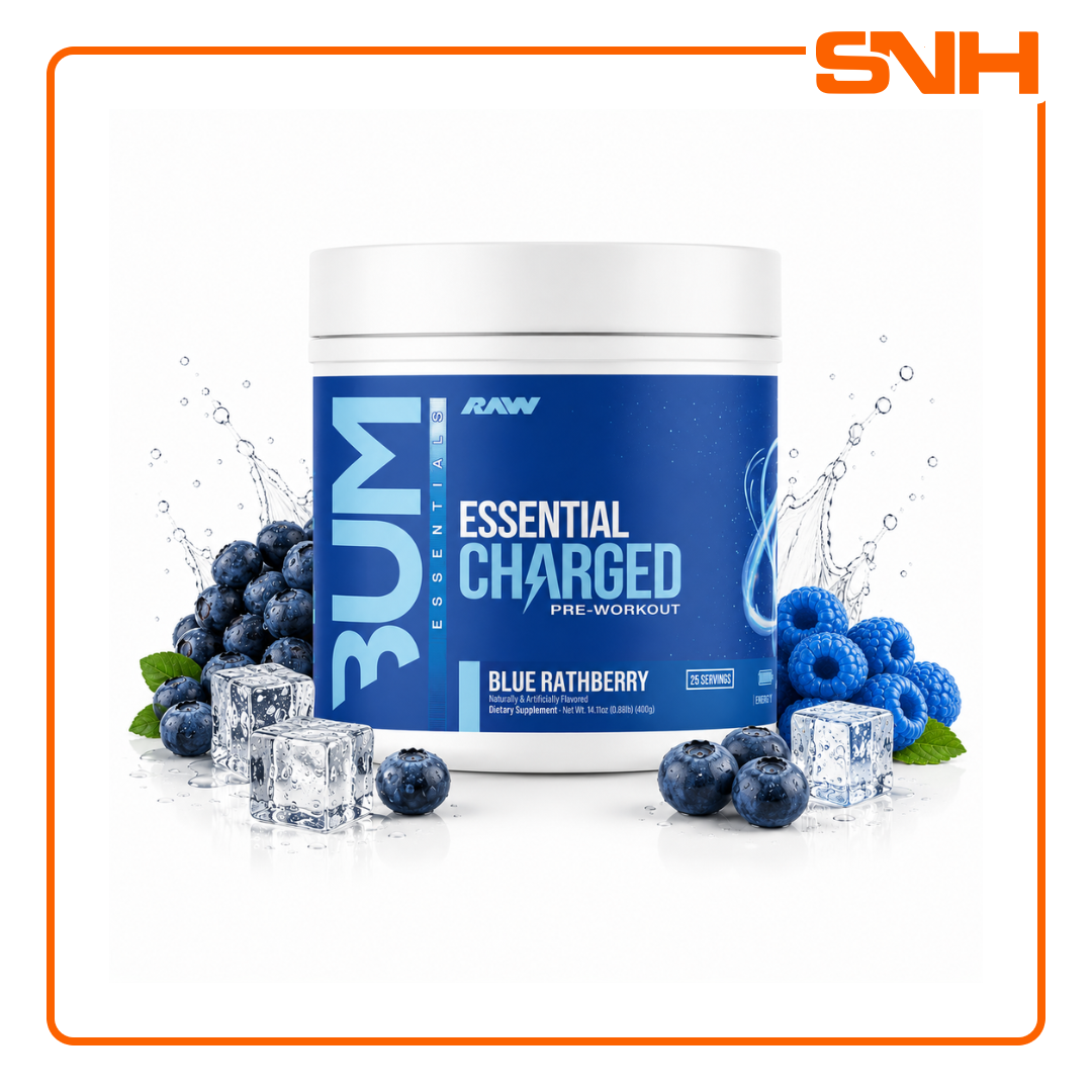 RAW Nutrition Essential Charged Pre-Workout tub, US-made high-stim pre-workout with 6g L-Citrulline and 350mg caffeine per scoop