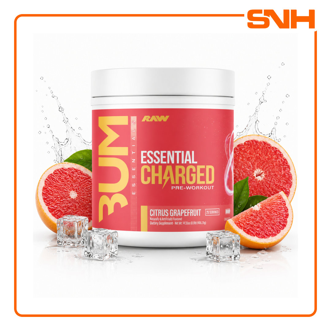 RAW Nutrition Essential Charged Pre-Workout tub, US-made high-stim pre-workout with 6g L-Citrulline and 350mg caffeine per scoop