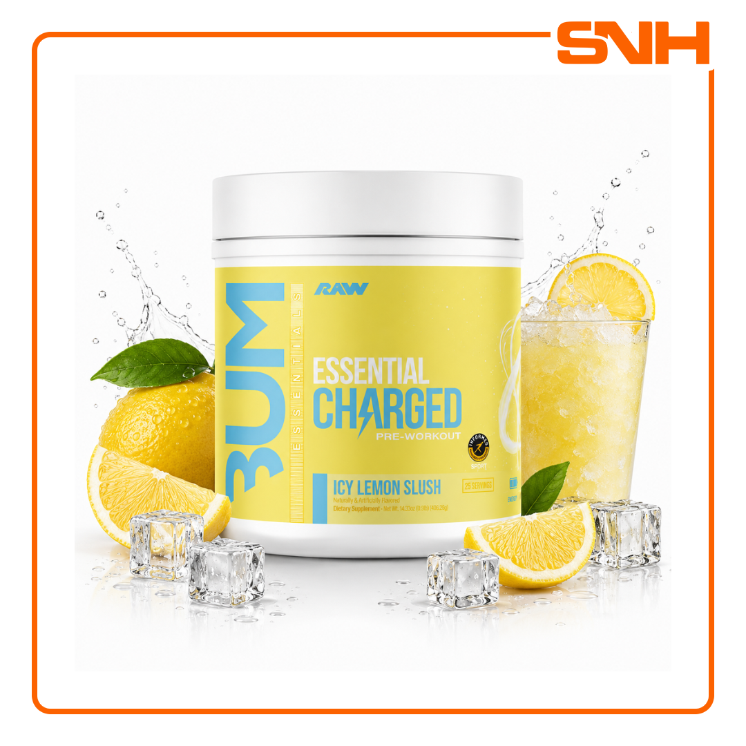 RAW Nutrition Essential Charged Pre-Workout tub, US-made high-stim pre-workout with 6g L-Citrulline and 350mg caffeine per scoop