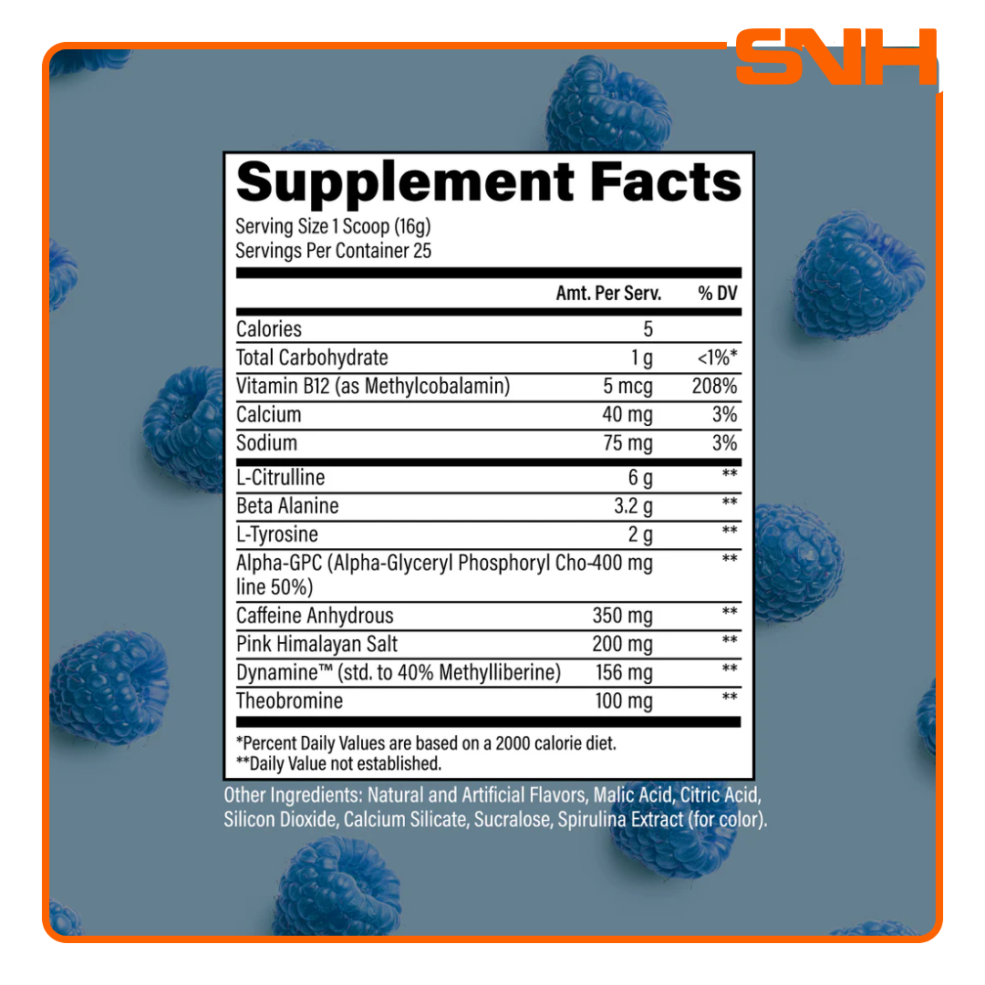 RAW Nutrition Essential Charged Pre-Workout tub, US-made high-stim pre-workout with 6g L-Citrulline and 350mg caffeine per scoop