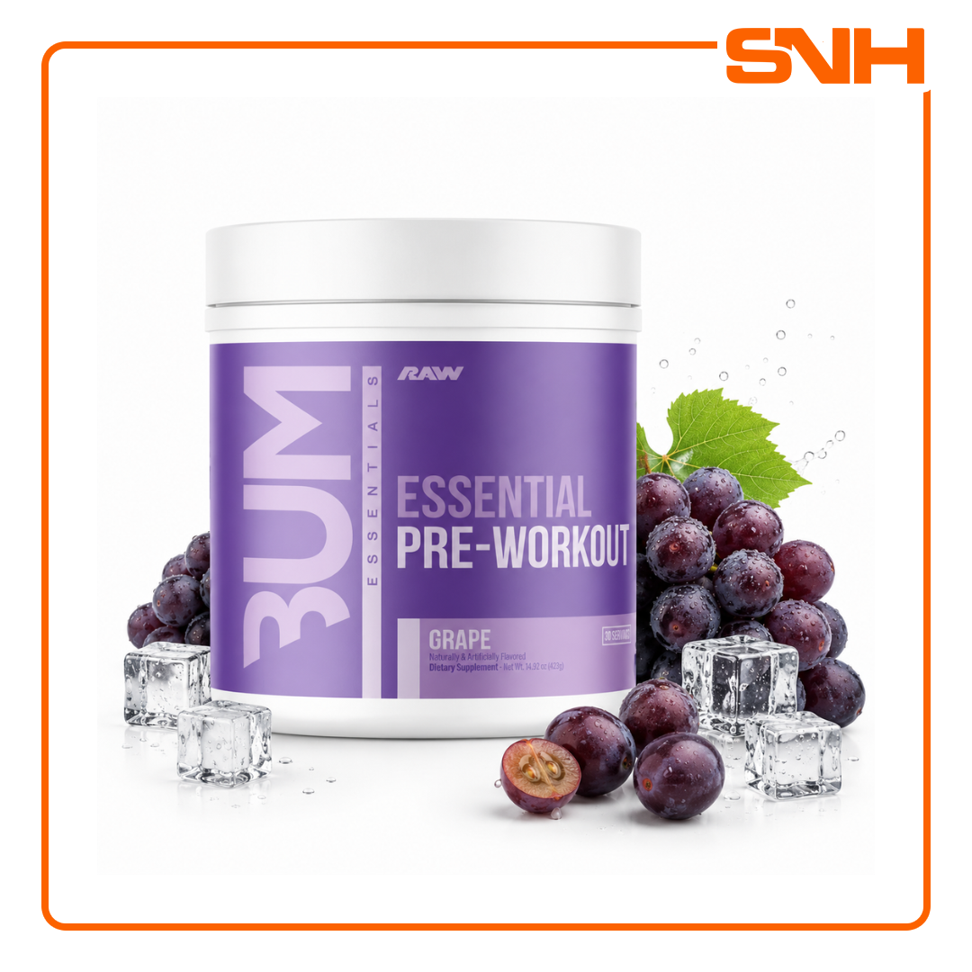 RAW Nutrition Essential Pre-Workout tub, US-made balanced pre-workout with 4g L-Citrulline, 3.2g Beta-Alanine and 200mg caffeine per scoop