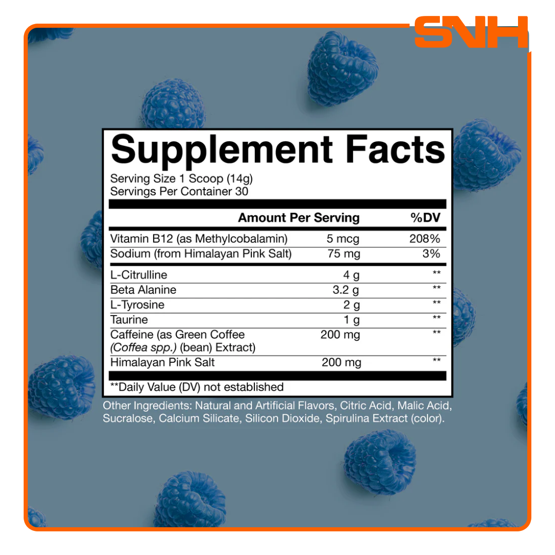 RAW Nutrition Essential Pre-Workout tub, US-made balanced pre-workout with 4g L-Citrulline, 3.2g Beta-Alanine and 200mg caffeine per scoop