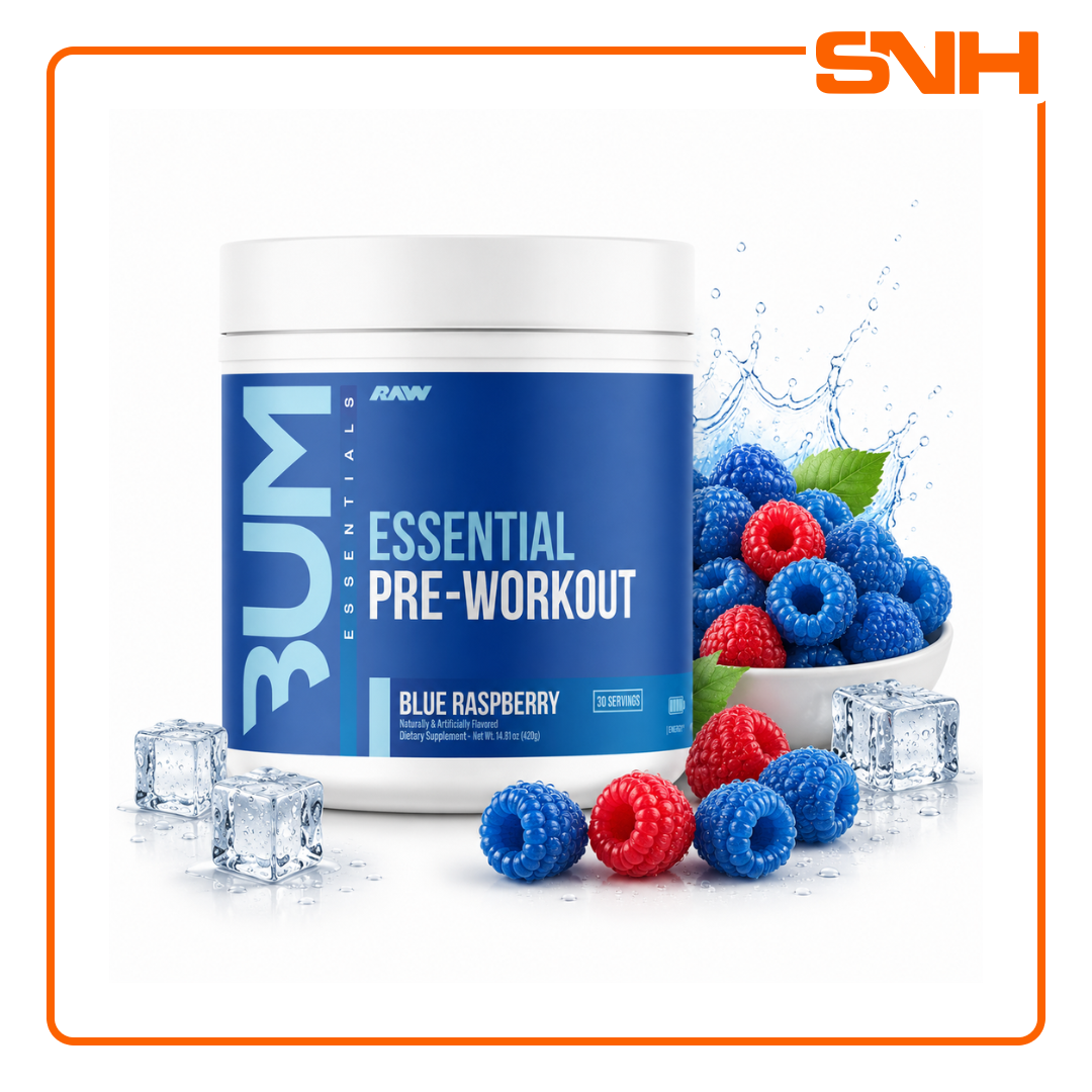 RAW Nutrition Essential Pre-Workout tub, US-made balanced pre-workout with 4g L-Citrulline, 3.2g Beta-Alanine and 200mg caffeine per scoop