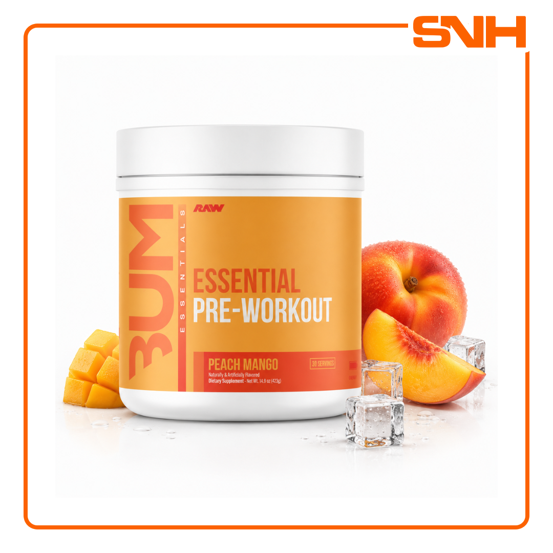RAW Nutrition Essential Pre-Workout tub, US-made balanced pre-workout with 4g L-Citrulline, 3.2g Beta-Alanine and 200mg caffeine per scoop