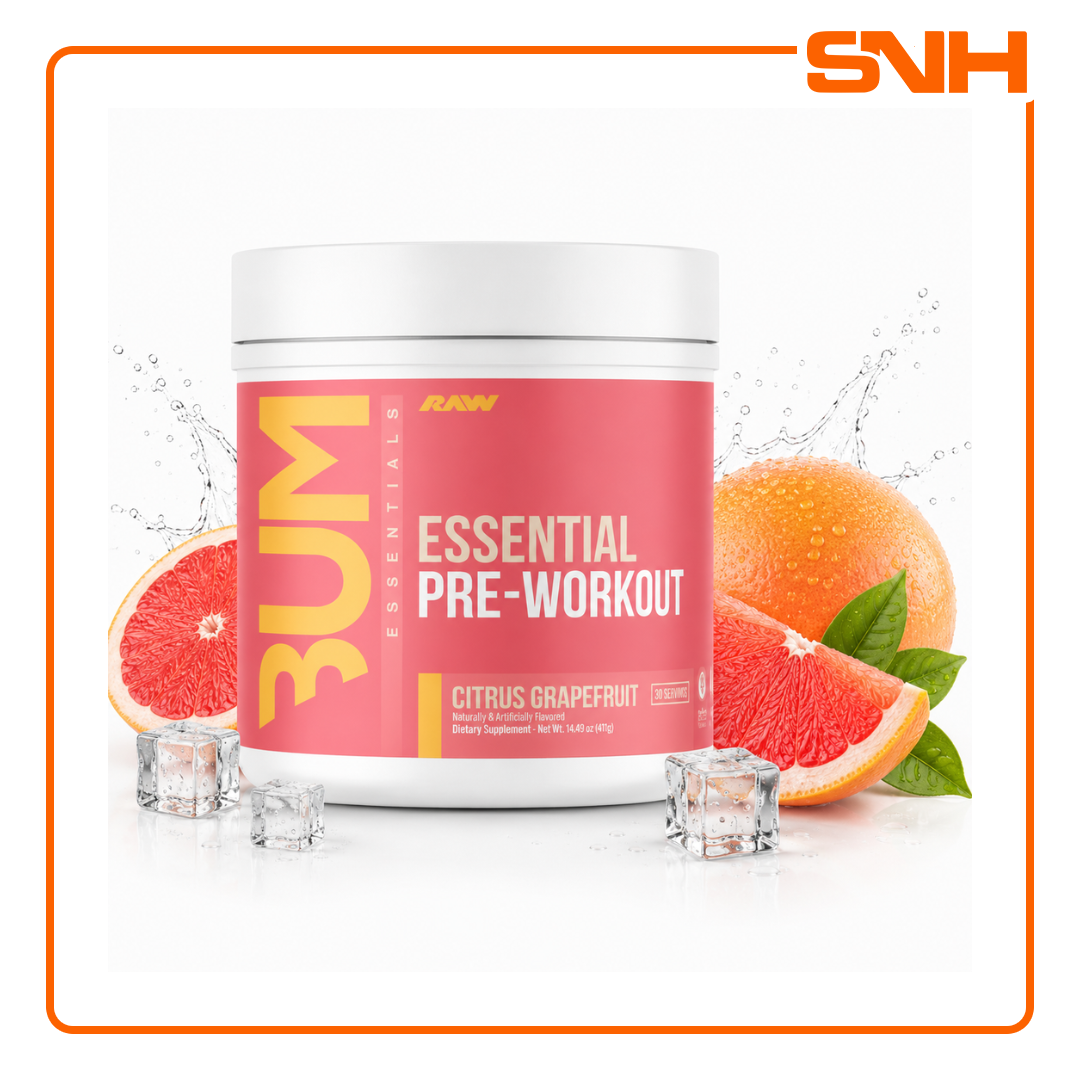 RAW Nutrition Essential Pre-Workout tub, US-made balanced pre-workout with 4g L-Citrulline, 3.2g Beta-Alanine and 200mg caffeine per scoop