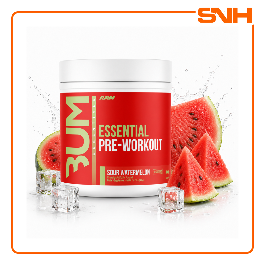 RAW Nutrition Essential Pre-Workout tub, US-made balanced pre-workout with 4g L-Citrulline, 3.2g Beta-Alanine and 200mg caffeine per scoop