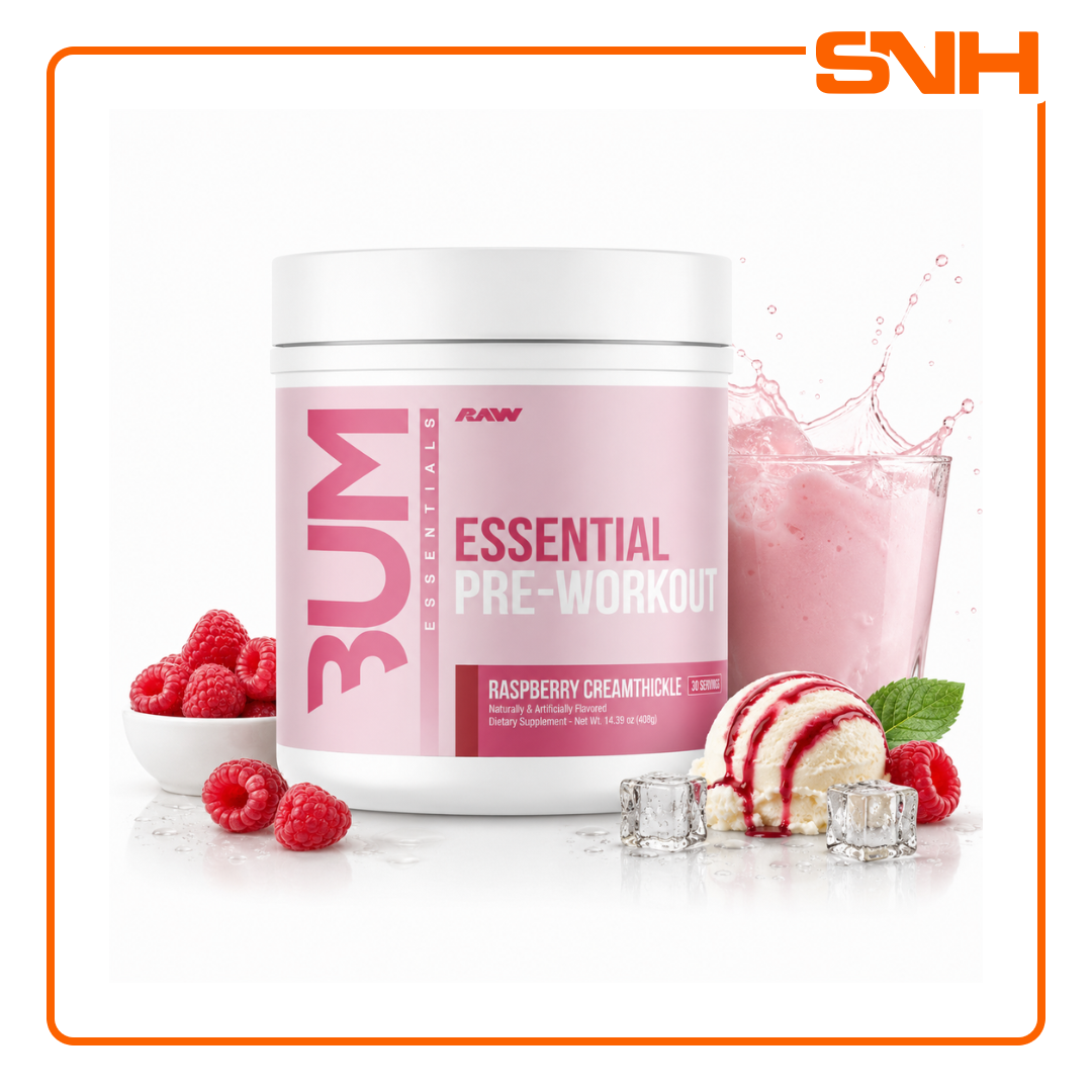 RAW Nutrition Essential Pre-Workout tub, US-made balanced pre-workout with 4g L-Citrulline, 3.2g Beta-Alanine and 200mg caffeine per scoop