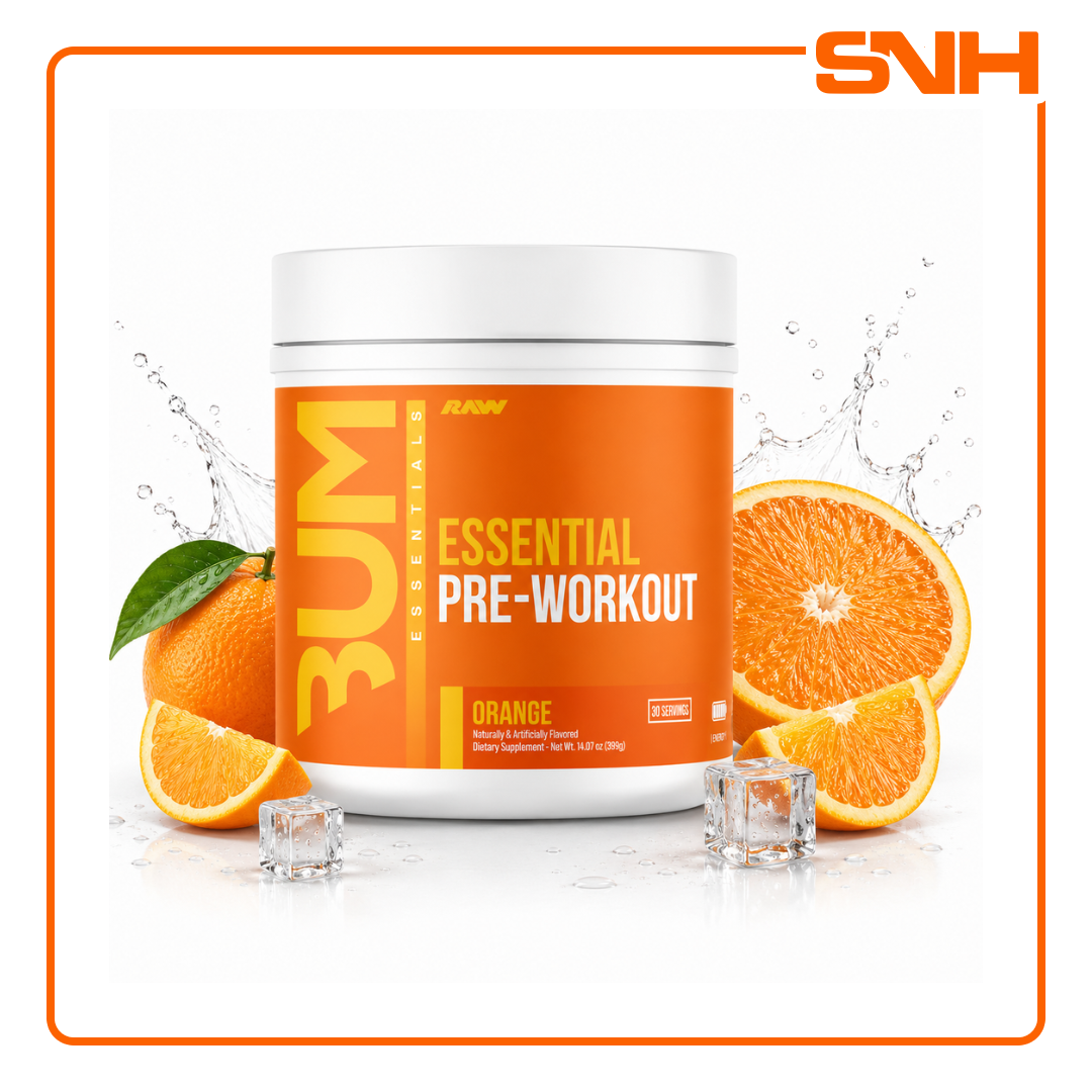 RAW Nutrition Essential Pre-Workout tub, US-made balanced pre-workout with 4g L-Citrulline, 3.2g Beta-Alanine and 200mg caffeine per scoop