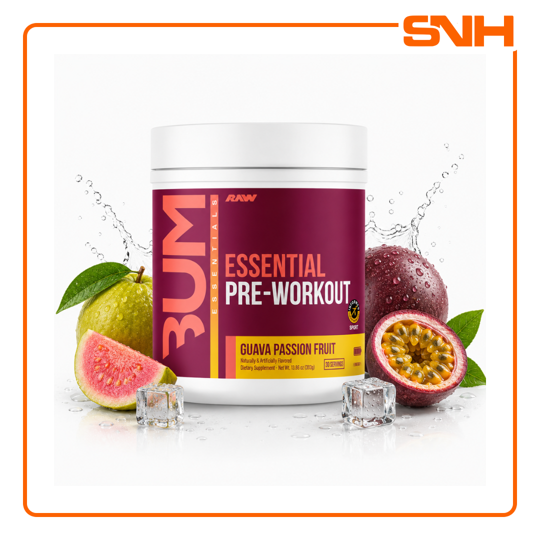 RAW Nutrition Essential Pre-Workout tub, US-made balanced pre-workout with 4g L-Citrulline, 3.2g Beta-Alanine and 200mg caffeine per scoop