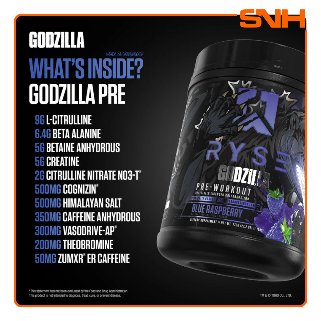RYSE Godzilla Pre-Workout tub in Sri Lanka, US-made high-stimulant pre workout with 11g citrulline and 400mg caffeine per full scoop