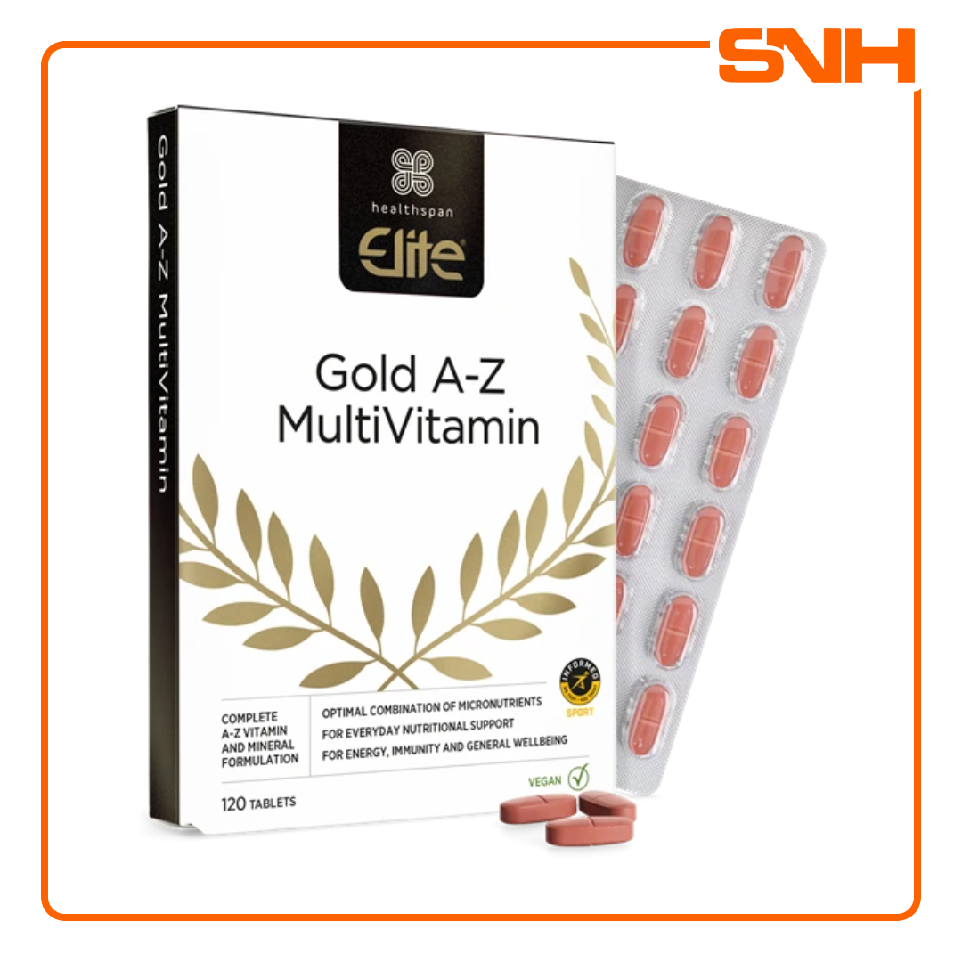 Healthspan Elite Gold A-Z multivitamin in Sri Lanka, UK-made one-a-day vegan tablet with 27 vitamins and minerals, Informed-Sport