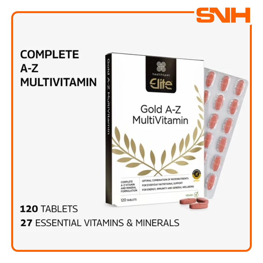 Healthspan Elite Gold A-Z multivitamin in Sri Lanka, UK-made one-a-day vegan tablet with 27 vitamins and minerals, Informed-Sport