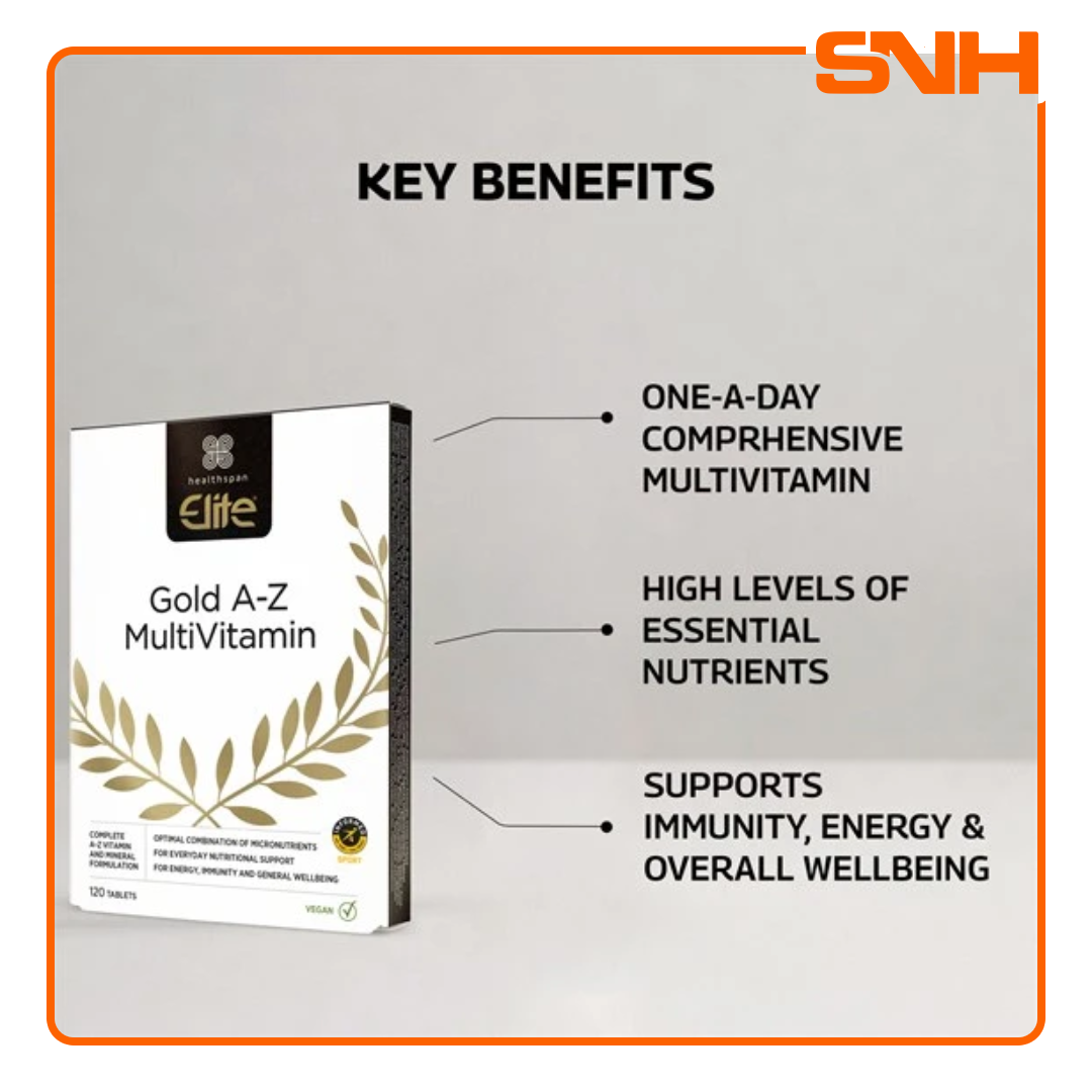 Healthspan Elite Gold A-Z multivitamin in Sri Lanka, UK-made one-a-day vegan tablet with 27 vitamins and minerals, Informed-Sport