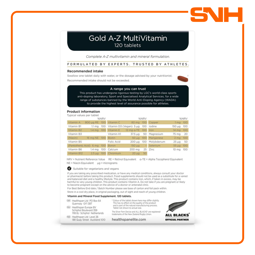 Healthspan Elite Gold A-Z multivitamin in Sri Lanka, UK-made one-a-day vegan tablet with 27 vitamins and minerals, Informed-Sport