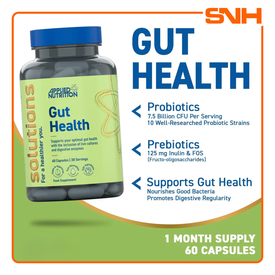 Applied Nutrition Gut Health Capsules bottle, UK-made daily gut health support for microbiome, digestion, and gut barrier function