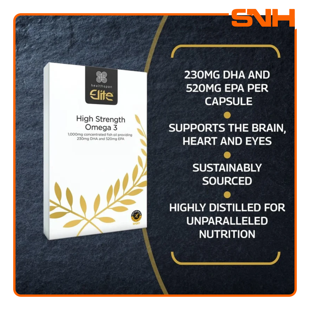 Healthspan Elite High Strength Omega 3 1000mg fish oil capsules, UK-made Informed-Sport certified daily Omega 3 supplement