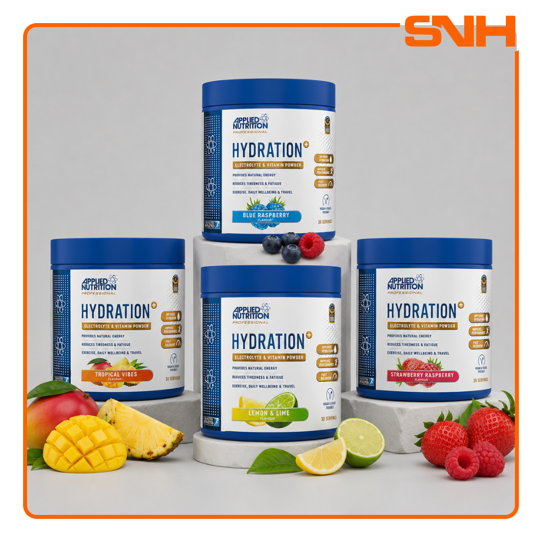 Applied Nutrition Hydration+ Electrolyte & Vitamin Powder tub, UK-made halal hydration and electrolyte drink with coconut water and Aquamin