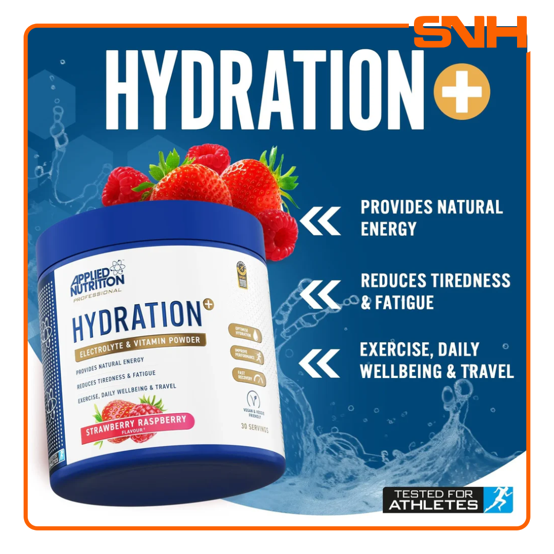 Applied Nutrition Hydration+ Electrolyte & Vitamin Powder tub, UK-made halal hydration and electrolyte drink with coconut water and Aquamin