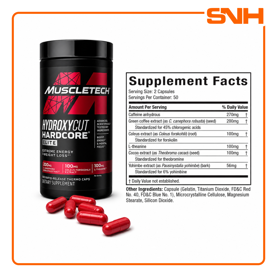 MuscleTech Hydroxycut Hardcore Elite Fat Burner capsules, US-made high-intensity thermogenic fat burner for advanced cutters and cutting phases