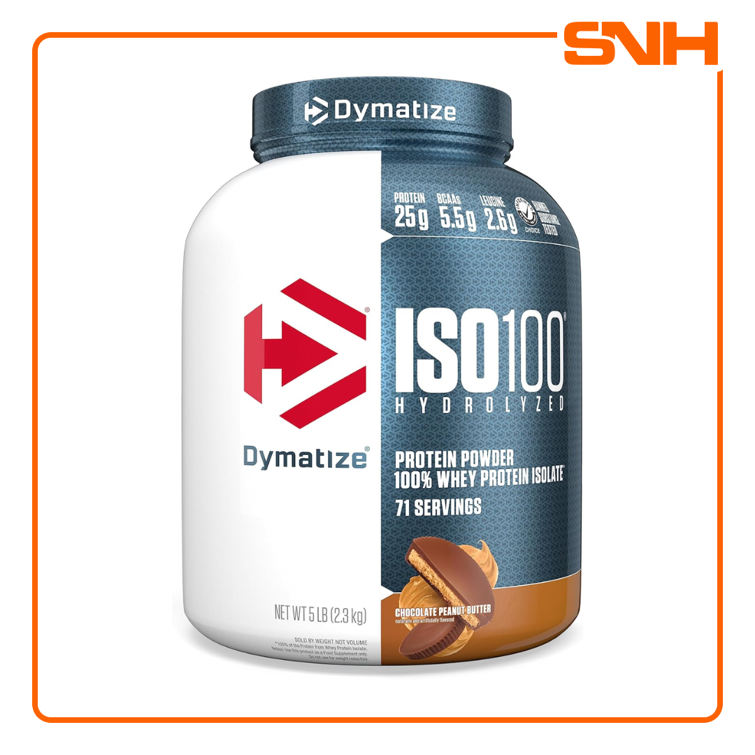 Dymatize ISO100 hydrolyzed isolate whey protein tub, US-made fast-absorbing whey isolate with 25g protein and 5.5g BCAAs per scoop