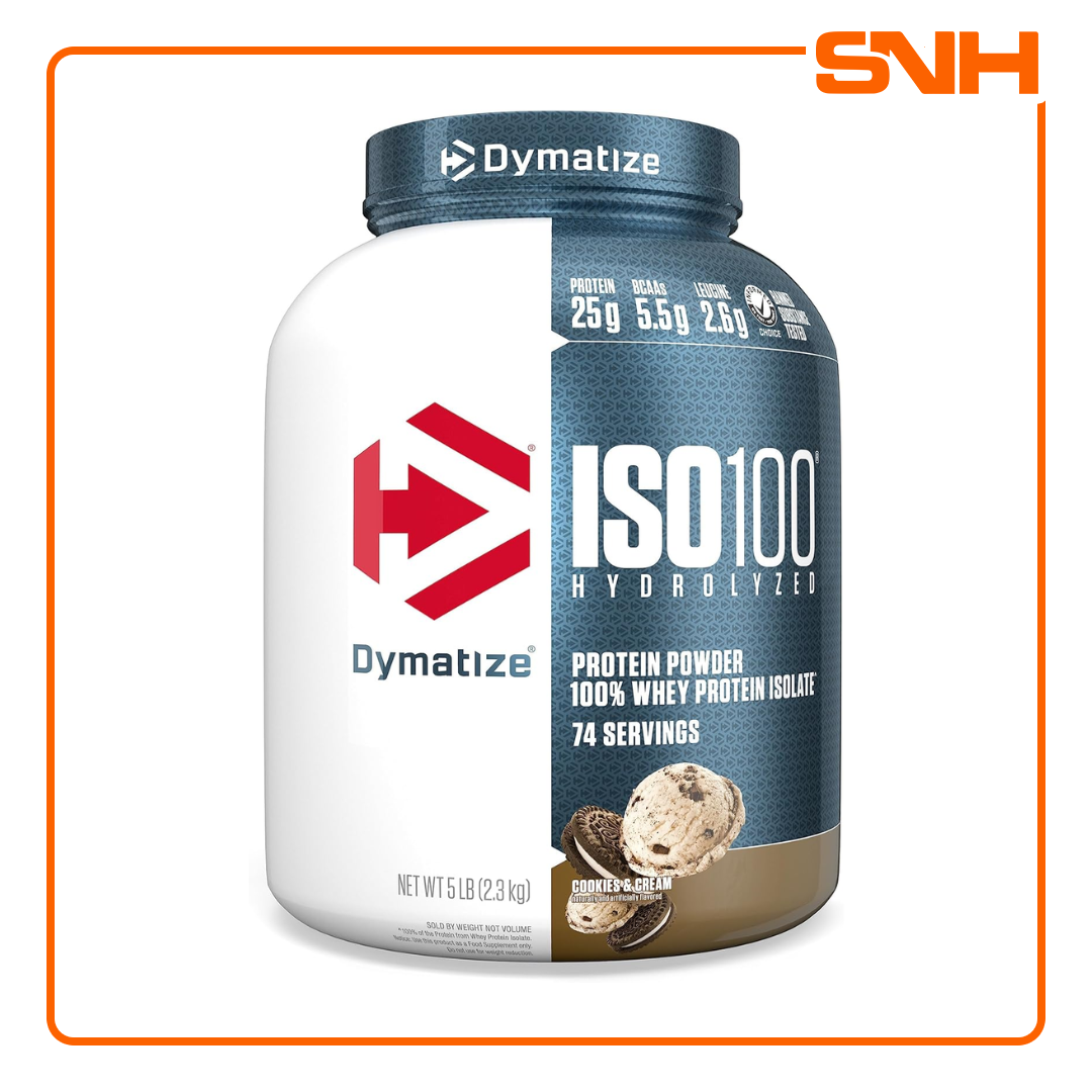 Dymatize ISO100 hydrolyzed isolate whey protein tub, US-made fast-absorbing whey isolate with 25g protein and 5.5g BCAAs per scoop