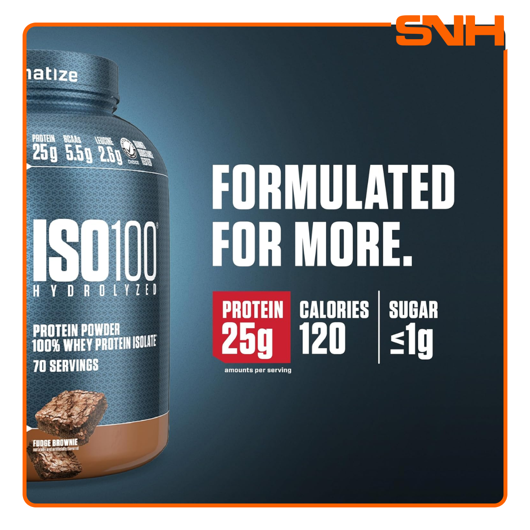 Dymatize ISO100 hydrolyzed isolate whey protein tub, US-made fast-absorbing whey isolate with 25g protein and 5.5g BCAAs per scoop