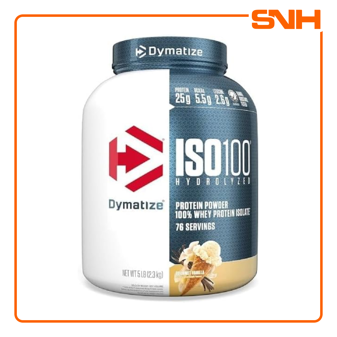 Dymatize ISO100 hydrolyzed isolate whey protein tub, US-made fast-absorbing whey isolate with 25g protein and 5.5g BCAAs per scoop