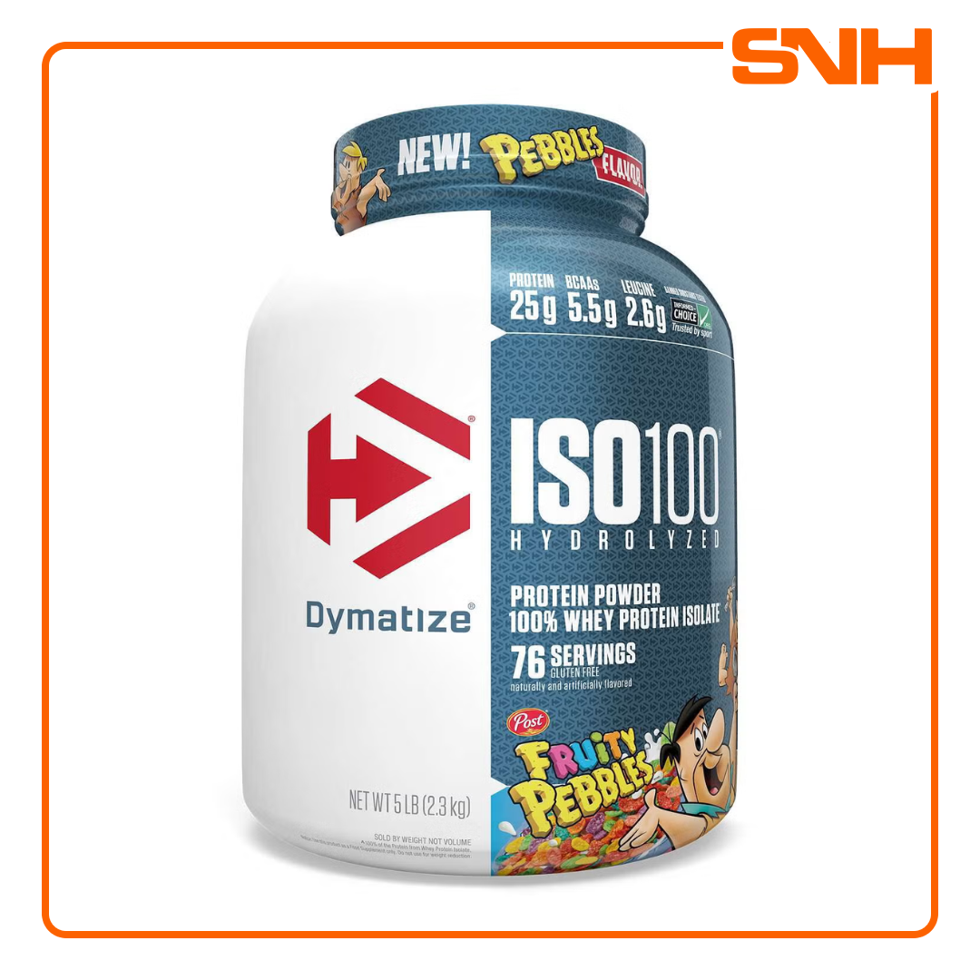 Dymatize ISO100 hydrolyzed isolate whey protein tub, US-made fast-absorbing whey isolate with 25g protein and 5.5g BCAAs per scoop