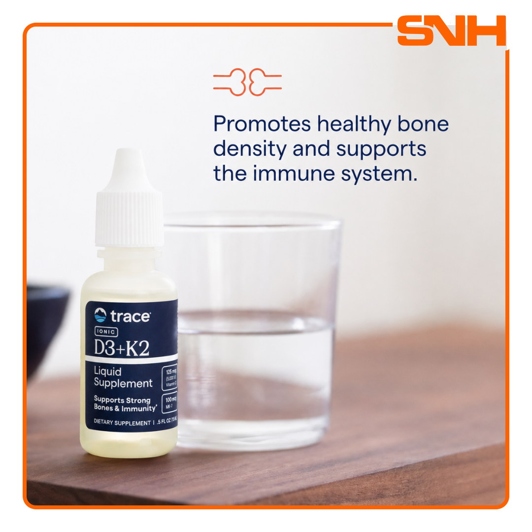 Trace Ionic D3 + K2 liquid drops bottle, US-made daily D3 and K2 supplement in highly bioavailable liquid format with 75 servings