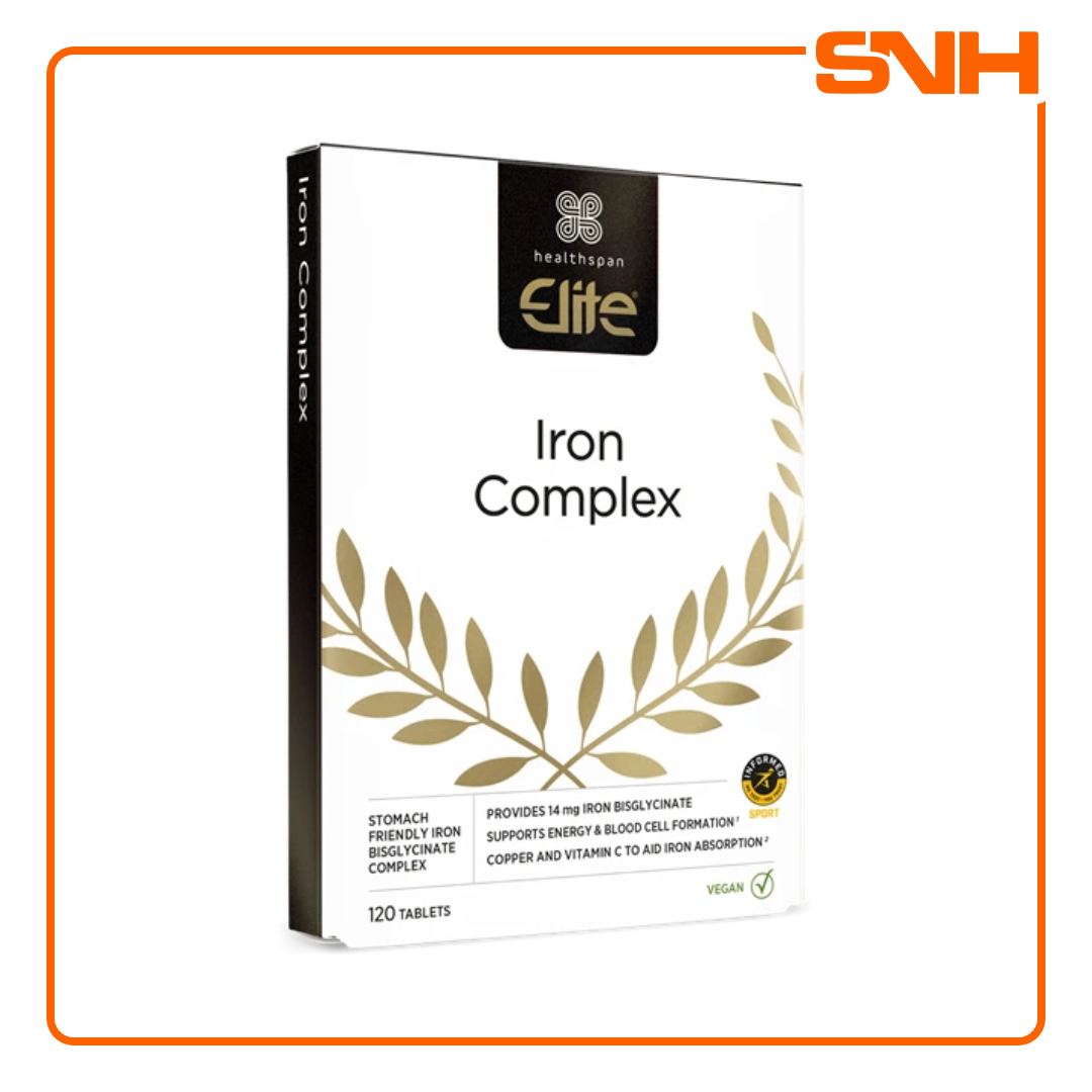 Healthspan Elite Iron Complex iron tablets in Sri Lanka, UK-made vegan bisglycinate with vitamin C, Informed-Sport certified