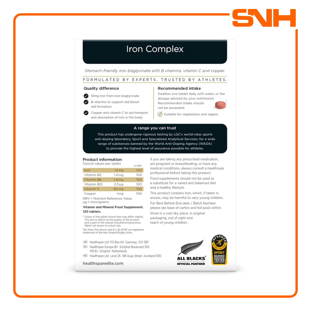 Healthspan Elite Iron Complex iron tablets in Sri Lanka, UK-made vegan bisglycinate with vitamin C, Informed-Sport certified
