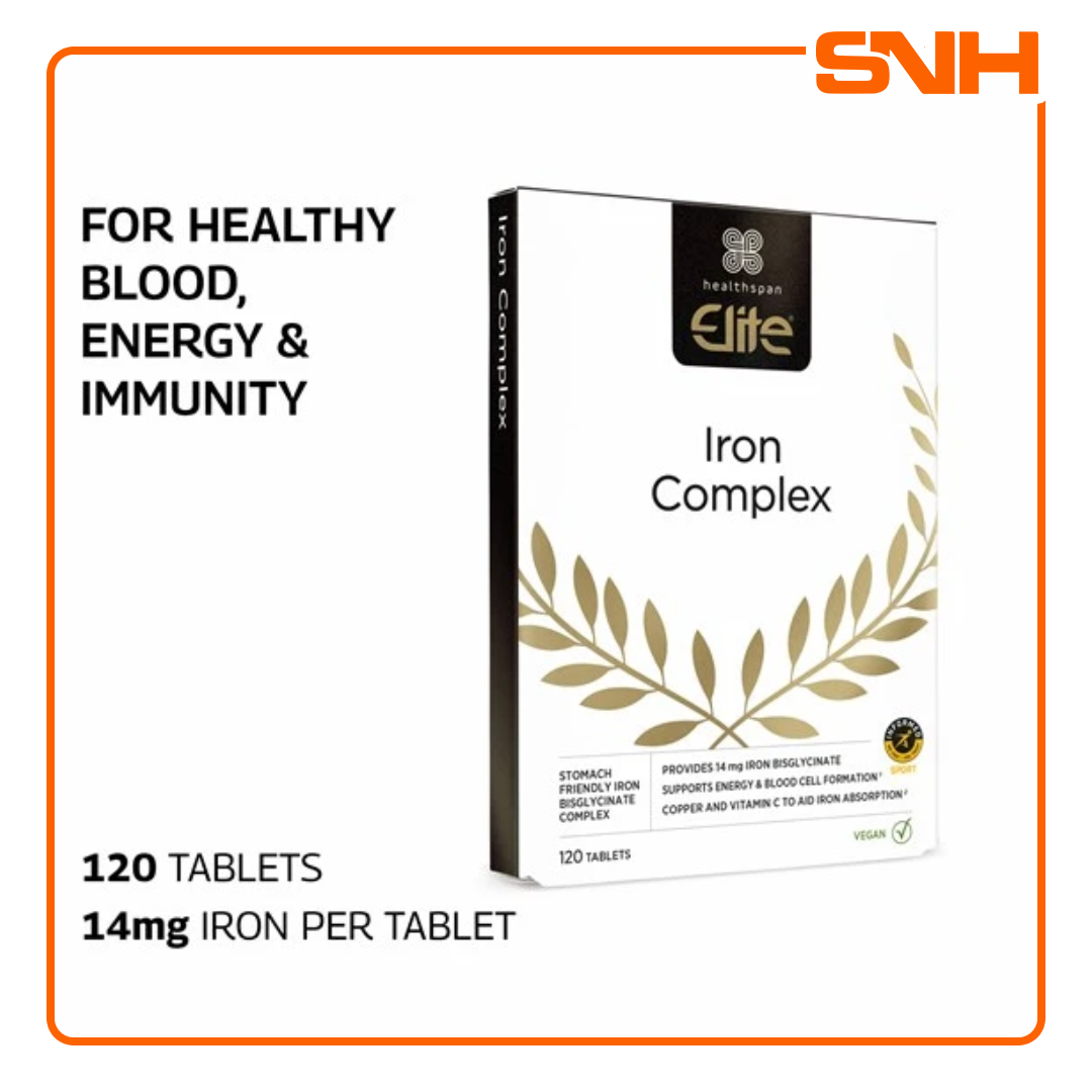 Healthspan Elite Iron Complex iron tablets in Sri Lanka, UK-made vegan bisglycinate with vitamin C, Informed-Sport certified