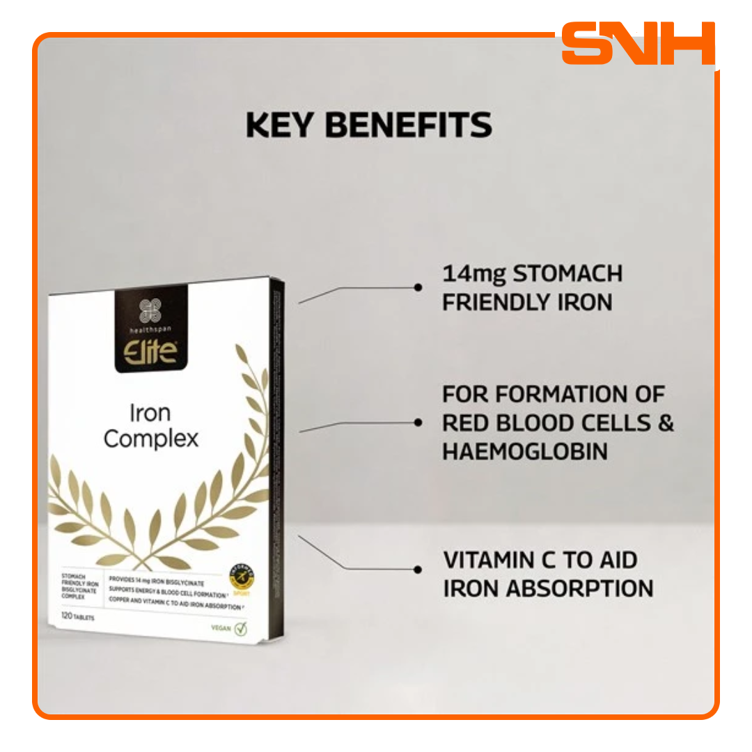 Healthspan Elite Iron Complex iron tablets in Sri Lanka, UK-made vegan bisglycinate with vitamin C, Informed-Sport certified