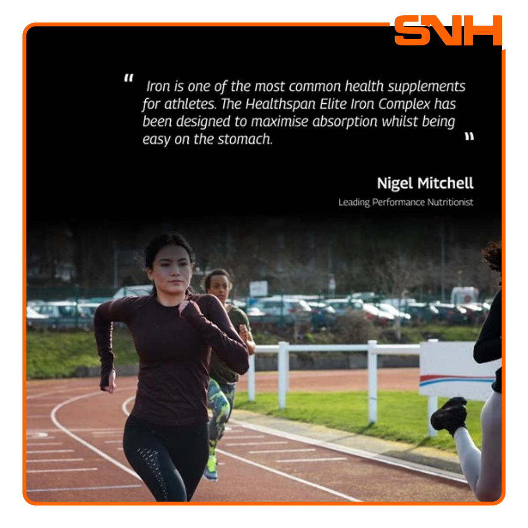 Healthspan Elite Iron Complex iron tablets in Sri Lanka, UK-made vegan bisglycinate with vitamin C, Informed-Sport certified