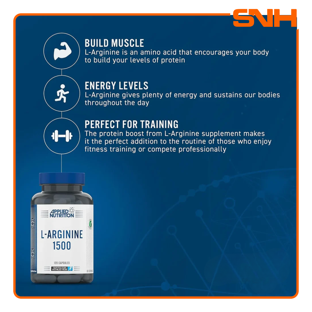 Applied Nutrition L-Arginine 1500 capsules bottle, UK-made high-strength L-Arginine for blood flow support, nitric oxide, and muscle pumps