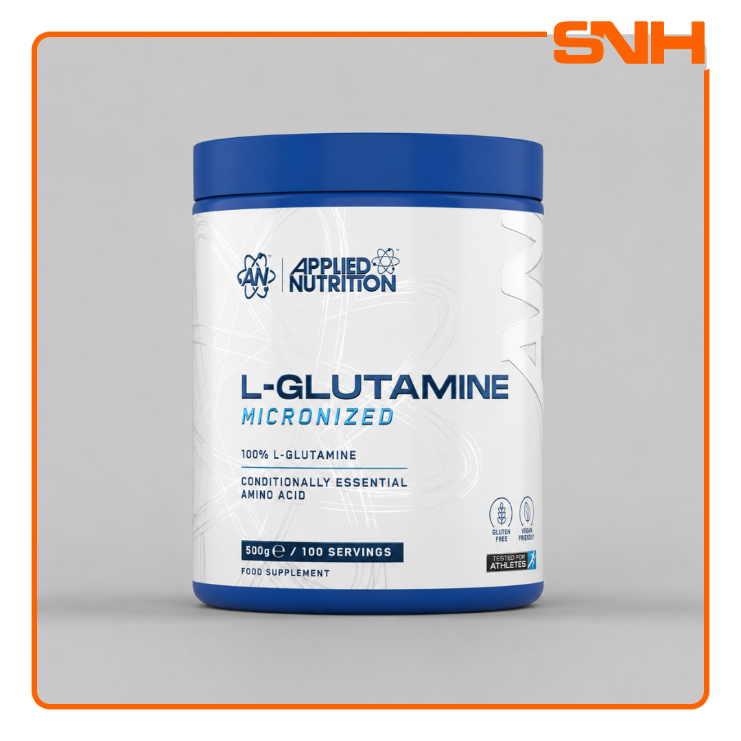 Applied Nutrition L-Glutamine Powder tub, UK-made halal pharmaceutical-grade micronised L-glutamine for recovery and immune support