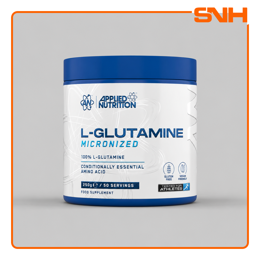 Applied Nutrition L-Glutamine Powder tub, UK-made halal pharmaceutical-grade micronised L-glutamine for recovery and immune support