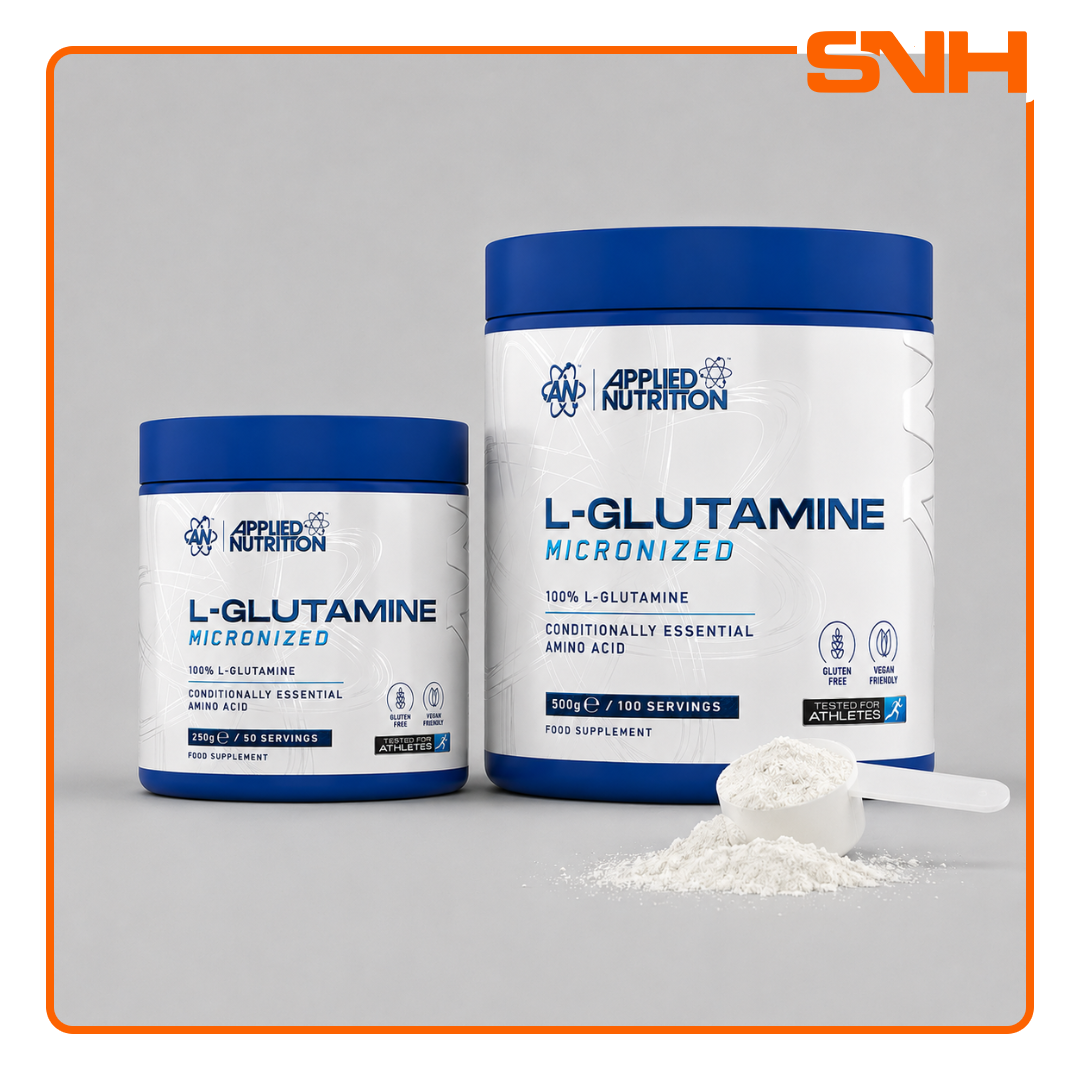 Applied Nutrition L-Glutamine Powder tub, UK-made halal pharmaceutical-grade micronised L-glutamine for recovery and immune support
