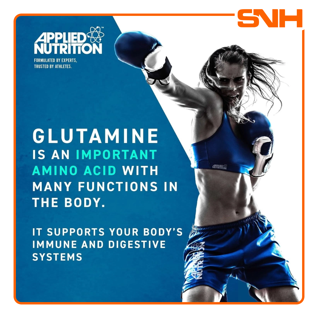 Applied Nutrition L-Glutamine Powder tub, UK-made halal pharmaceutical-grade micronised L-glutamine for recovery and immune support