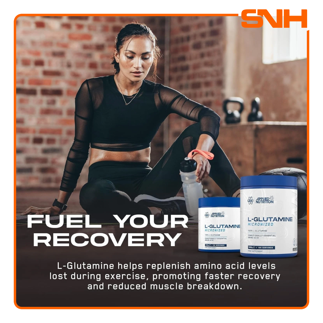Applied Nutrition L-Glutamine Powder tub, UK-made halal pharmaceutical-grade micronised L-glutamine for recovery and immune support