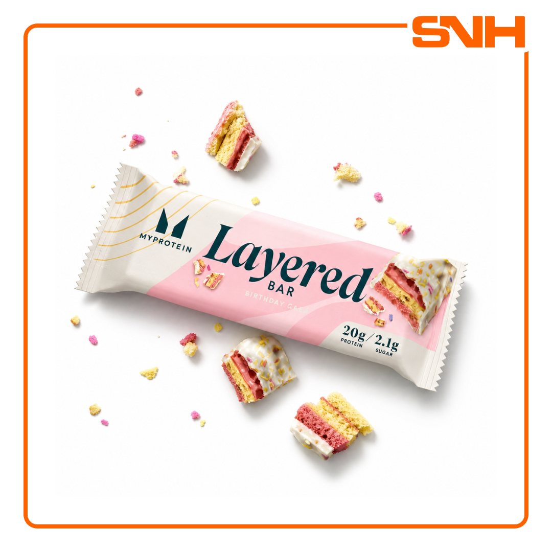Myprotein Layered Bar protein snack, six-layered indulgent protein bar with 20g protein, caramel centre, soya nuggets and chocolate coating