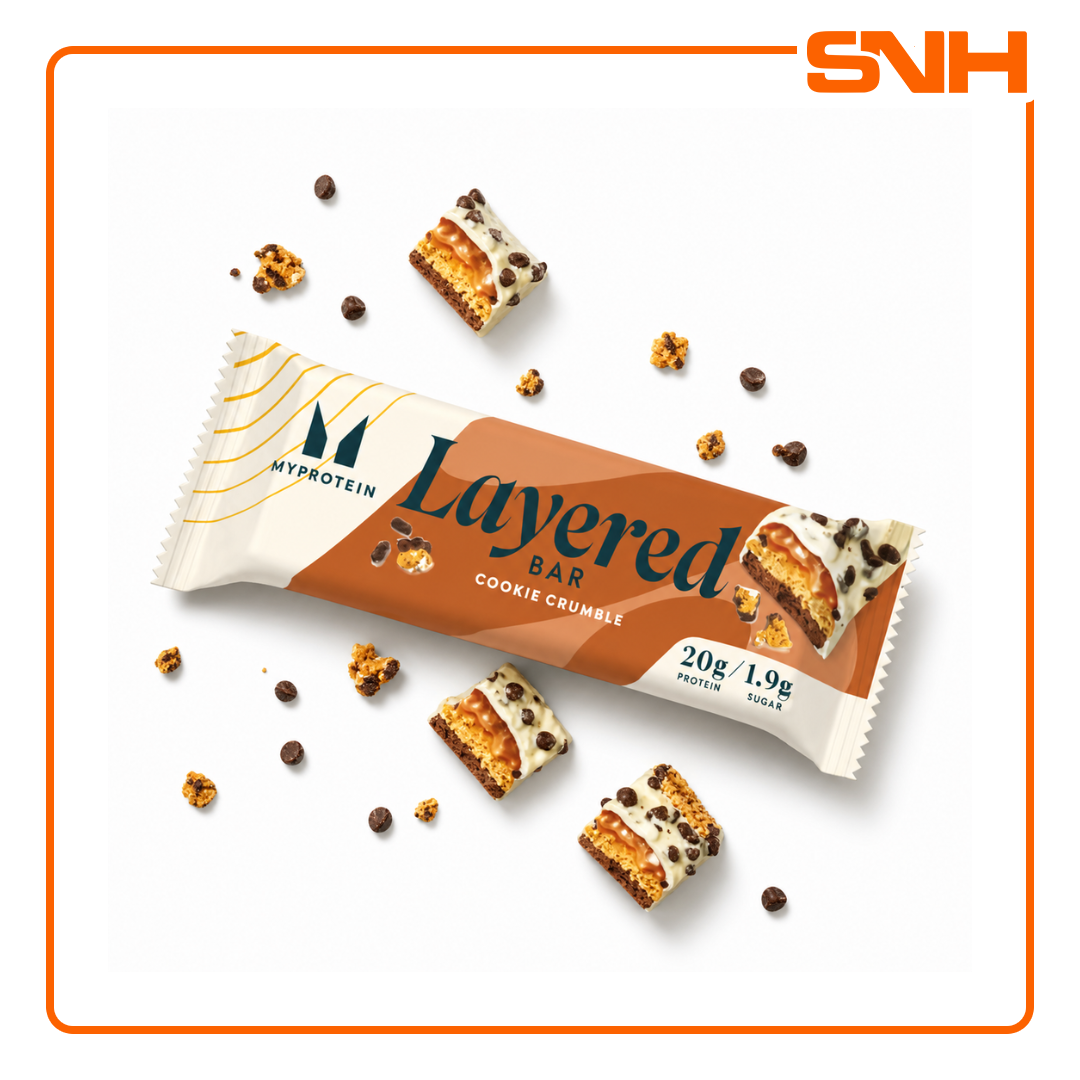 Myprotein Layered Bar protein snack, six-layered indulgent protein bar with 20g protein, caramel centre, soya nuggets and chocolate coating