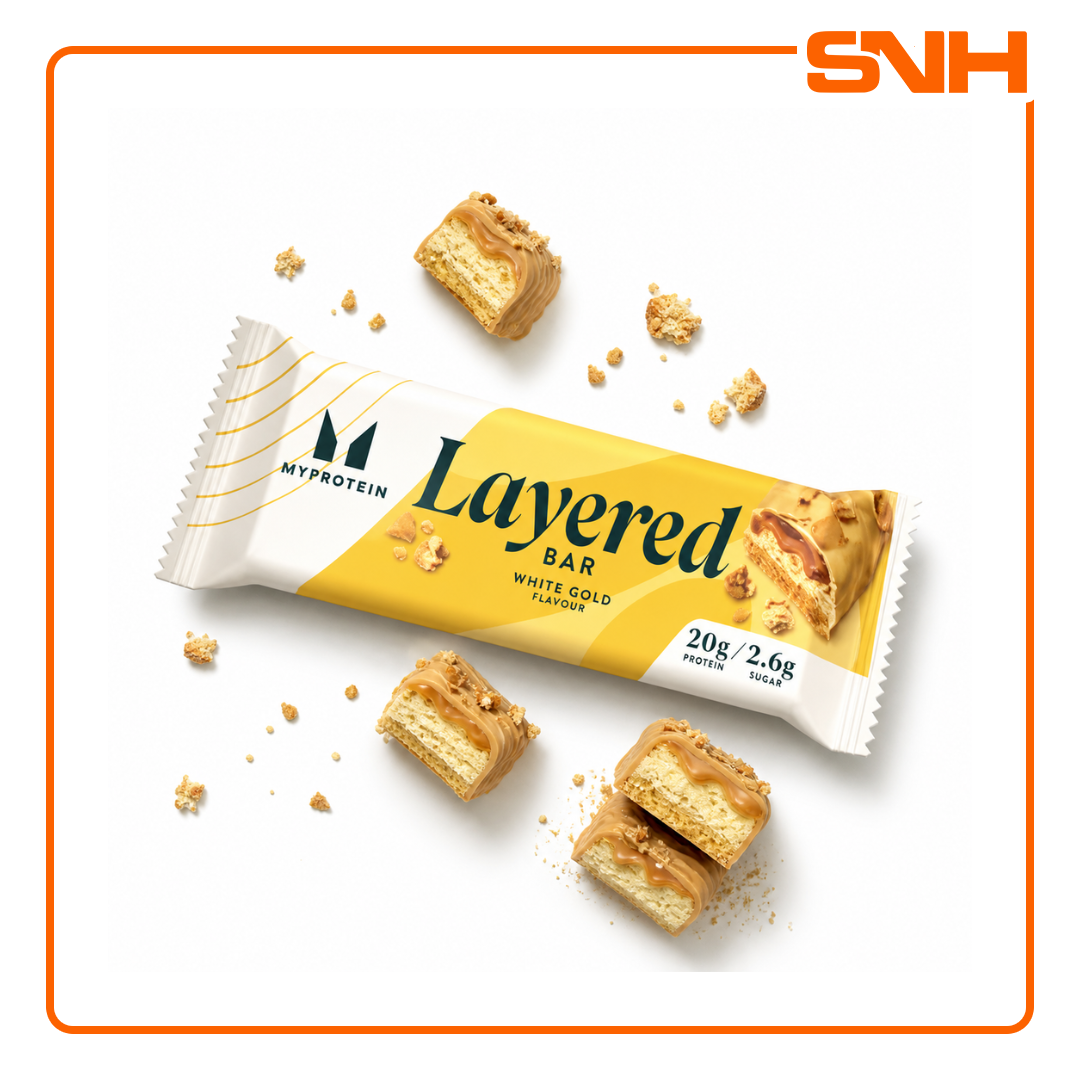 Myprotein Layered Bar protein snack, six-layered indulgent protein bar with 20g protein, caramel centre, soya nuggets and chocolate coating