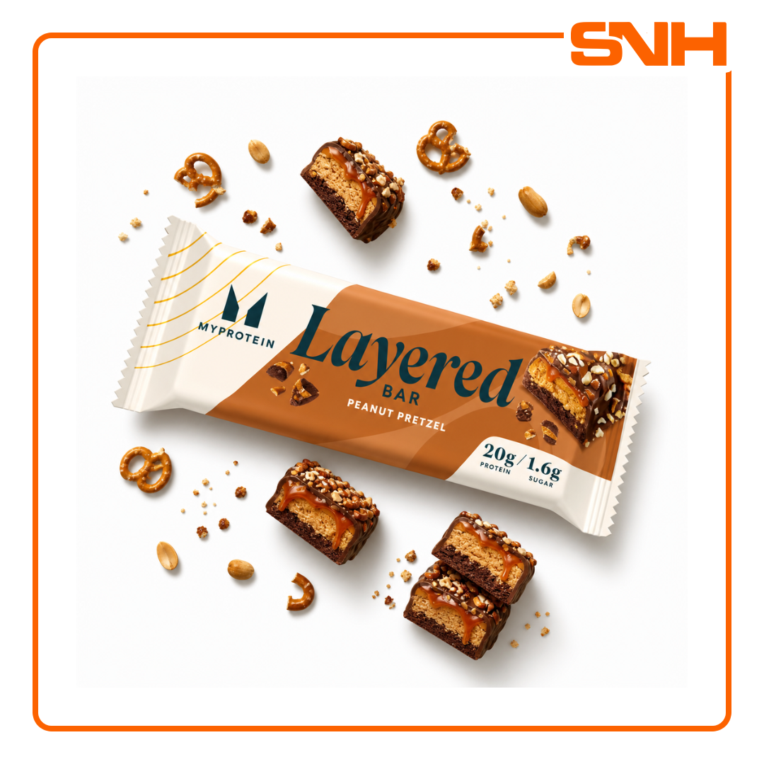 Myprotein Layered Bar protein snack, six-layered indulgent protein bar with 20g protein, caramel centre, soya nuggets and chocolate coating