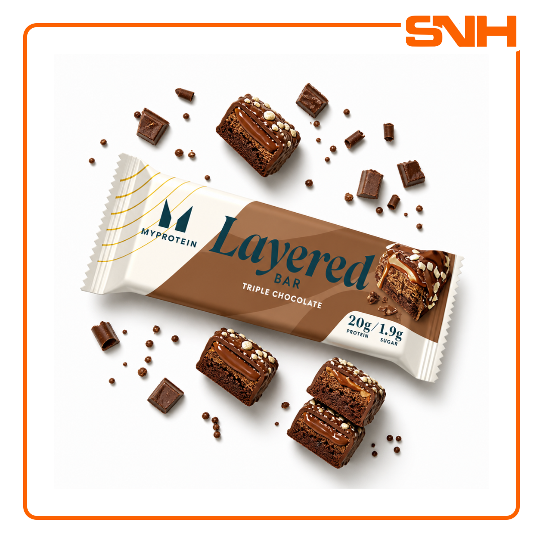 Myprotein Layered Bar protein snack, six-layered indulgent protein bar with 20g protein, caramel centre, soya nuggets and chocolate coating