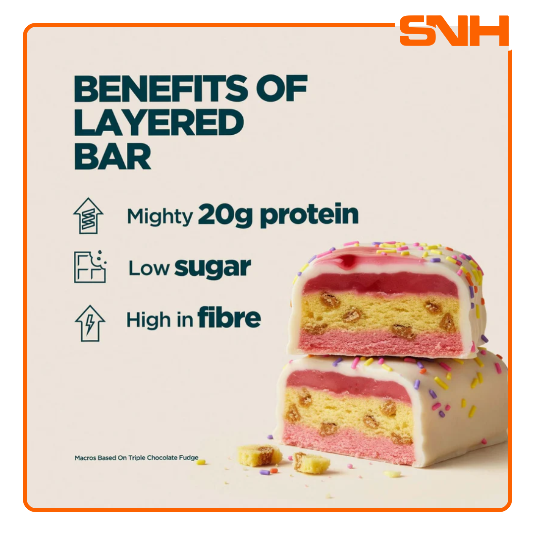 Myprotein Layered Bar protein snack, six-layered indulgent protein bar with 20g protein, caramel centre, soya nuggets and chocolate coating