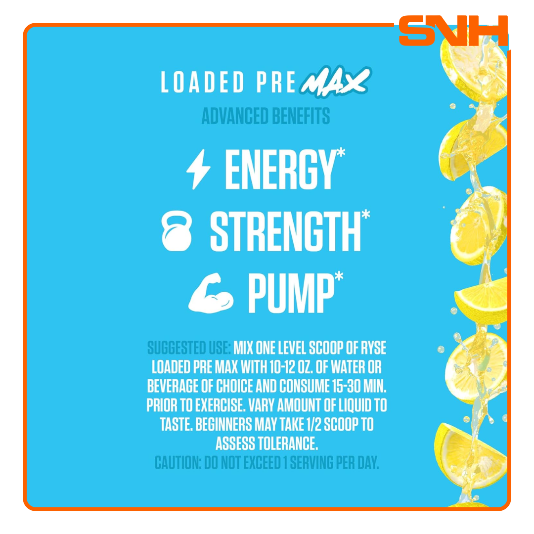 RYSE Loaded Pre MAX Pre-Workout tub, US-made high-stim pre-workout with clinical-dose L-Citrulline, Beta-Alanine, Nitrosigine and elevATP