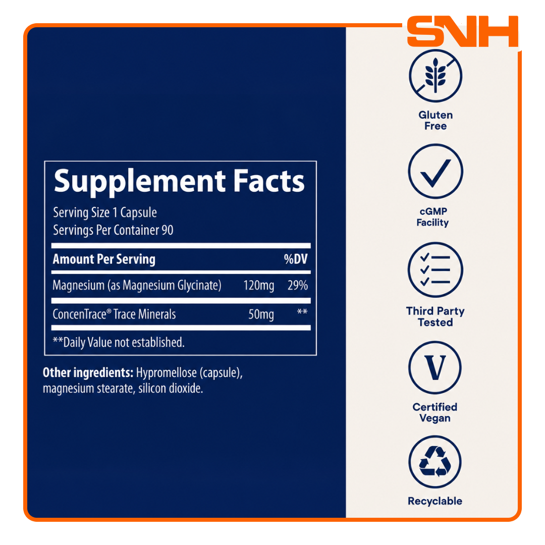 Trace Magnesium Glycinate 90-capsule bottle, US-made daily magnesium glycinate for sleep, muscle relaxation, mood, and recovery support
