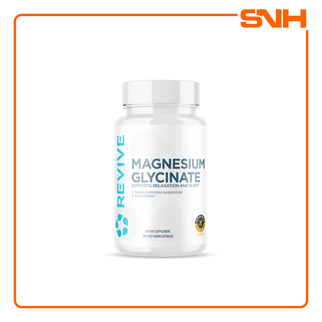 Revive Magnesium Glycinate supplement bottle, US-made Informed-Sport certified magnesium glycinate capsules with 200mg elemental magnesium